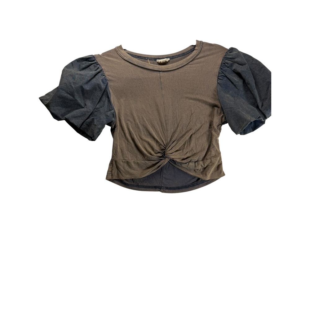 POL Clothing The Solo Cowboy Beatty Knott Puff Sleeve Crop Tee Midnight Blue S